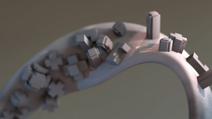 Abstract 3D render of geometric shapes on a curved surface
