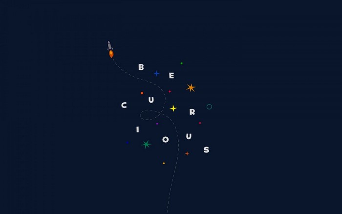 Minimalist illustration of a rocket and the word "CURIOUS"