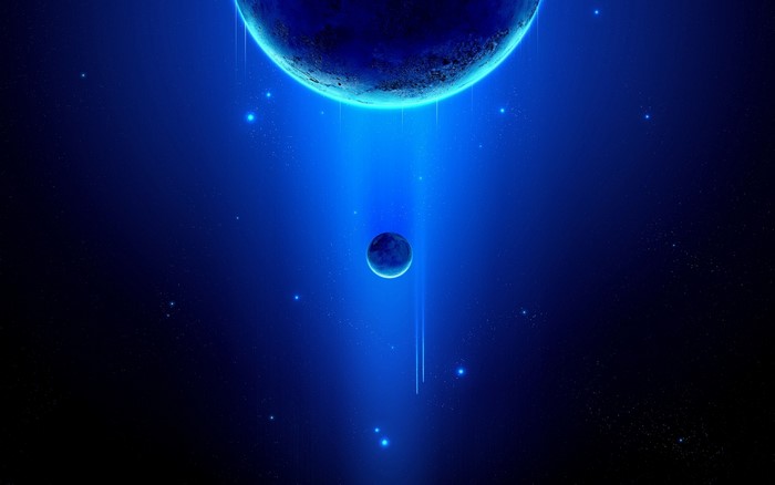 Blue planet and moon in deep space with stars