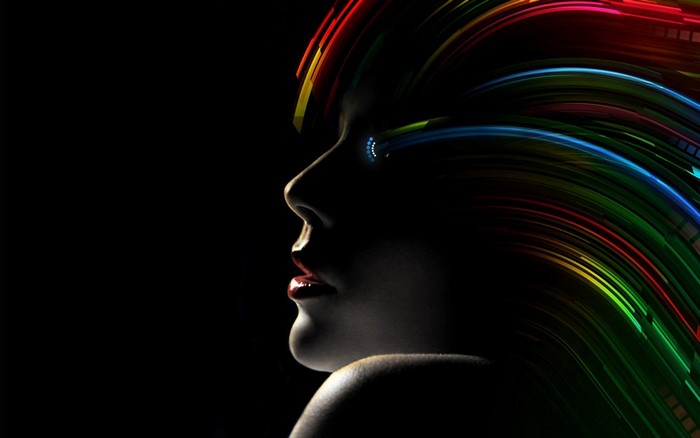Woman with colorful abstract hair and glowing eye