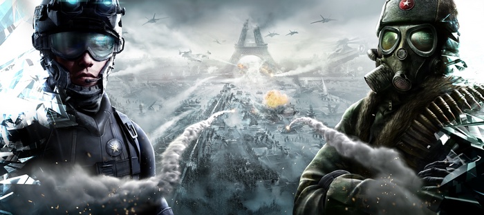 Tom Clancy's EndWar game art with soldiers and Paris
