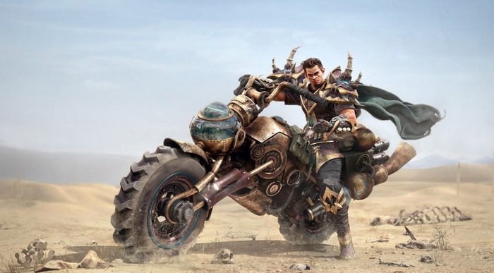 Man on a futuristic motorcycle in a desert