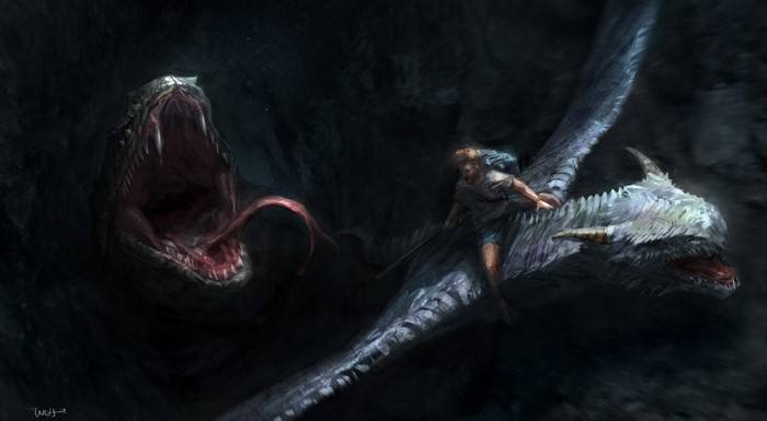 Man riding a dragon attacked by a giant snake