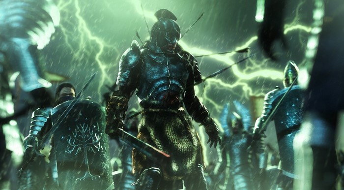 Warriors in battle during a lightning storm
