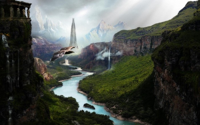 Fantasy landscape with ancient ruins, flying bird, and river