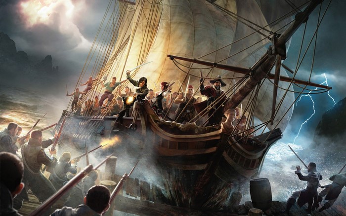 Pirates battling on a ship during a storm