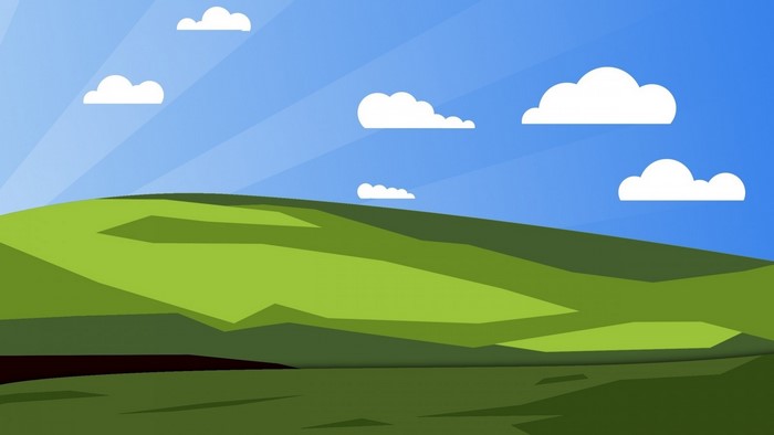 Minimalist illustration of rolling green hills and clouds