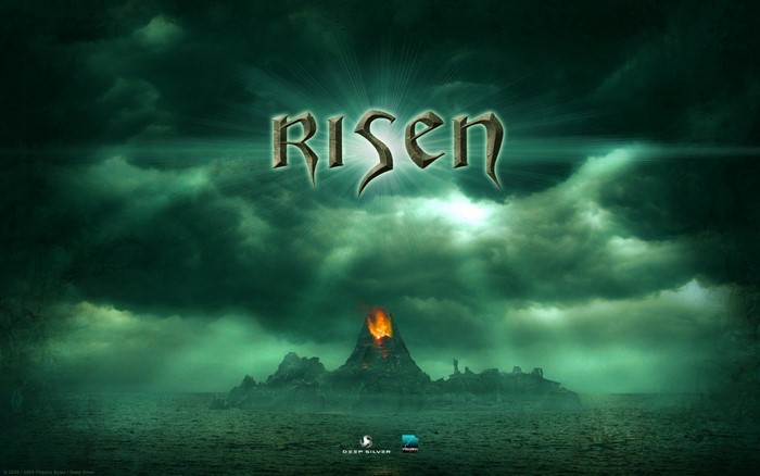 Risen video game title screen with volcano