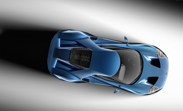 Blue Ford GT sports car from above