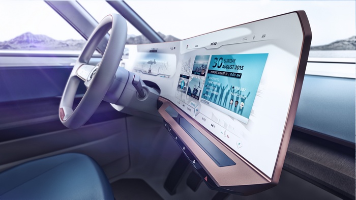 Interior of an electric bus with a large touchscreen display