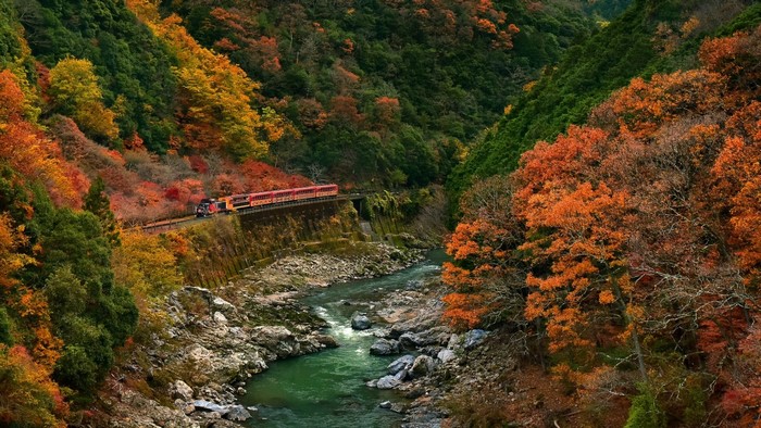 Train traveling through a colorful autumn valley with a river