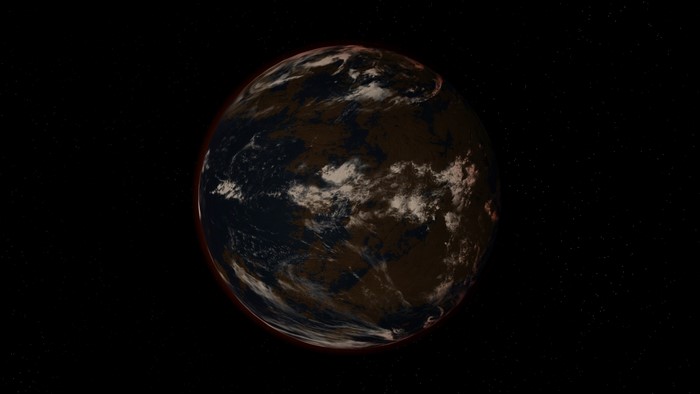 A planet with clouds and oceans in space
