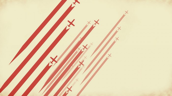 Red airplanes flying in formation with red stripes