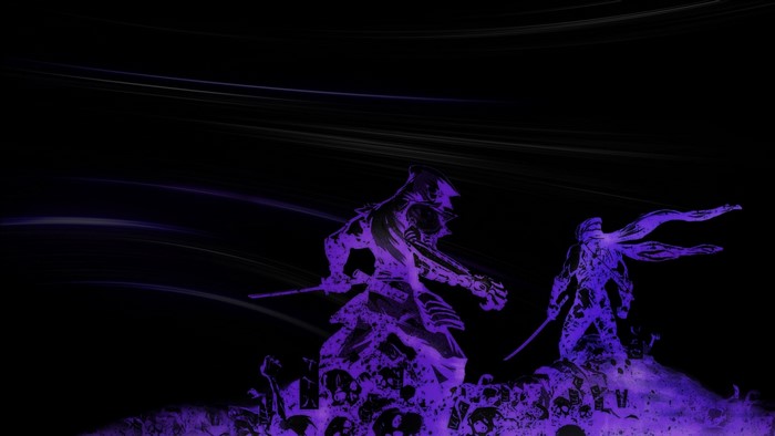 Two ninjas with swords in purple silhouette