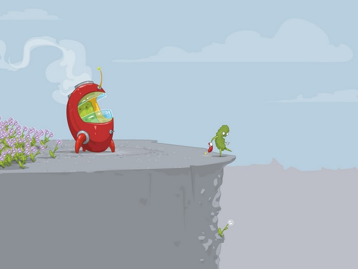Cartoon pickle character with a bomb on a cliff