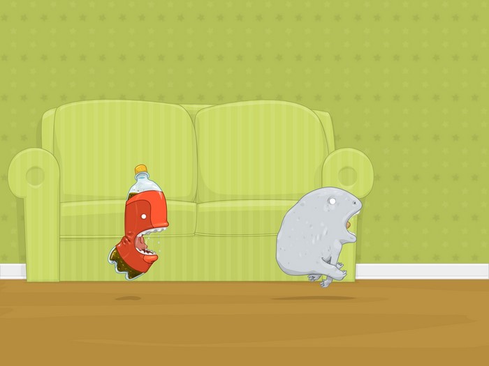 Cartoon soda bottle and creature in front of a couch