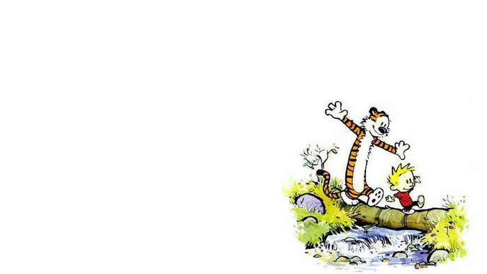 Calvin and Hobbes walking on a log