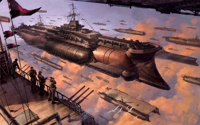 Steampunk airships and battleships in the sky