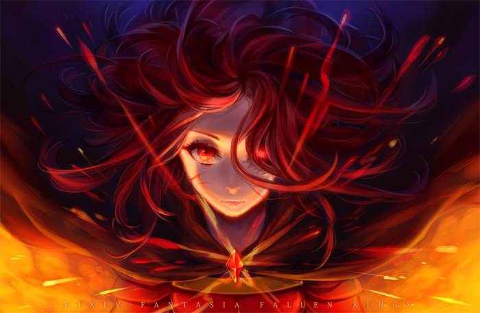 Girl with red hair and red eyes surrounded by flames