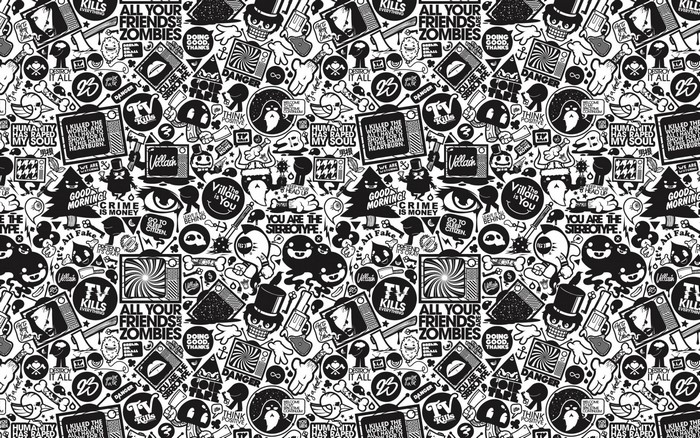 Monochrome pattern with text and drawings