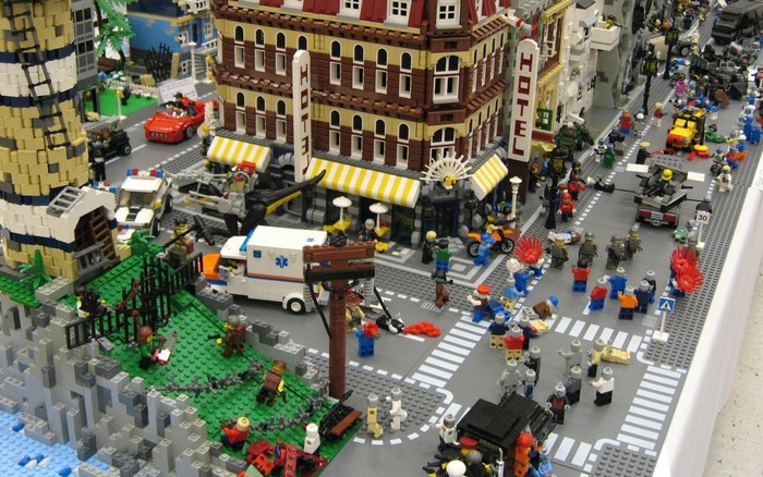 LEGO city scene with police and ambulance