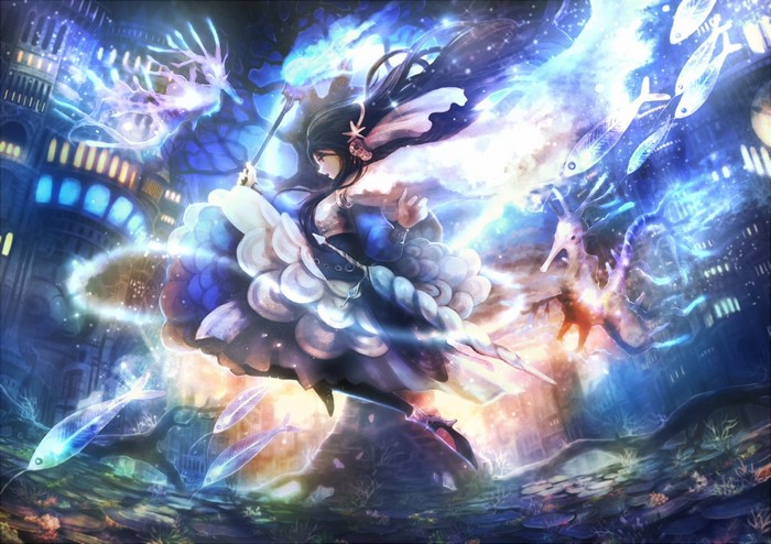 Anime girl with magical staff and fish in underwater city