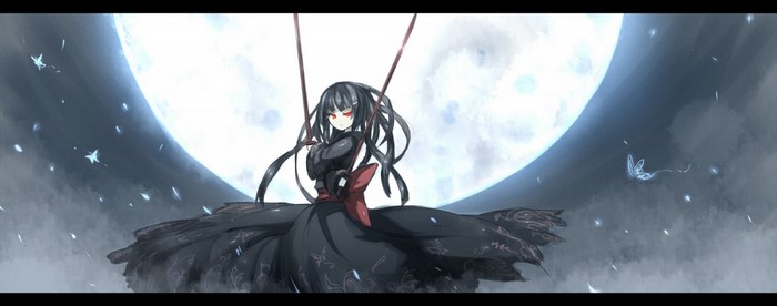 Anime girl with black hair and red eyes under the moon