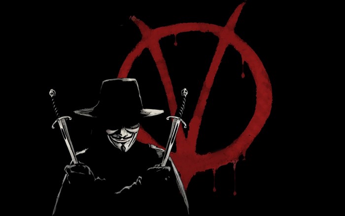 V from V for Vendetta with swords and symbol