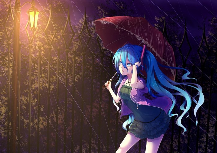 Hatsune Miku from Vocaloid holding an umbrella in the rain