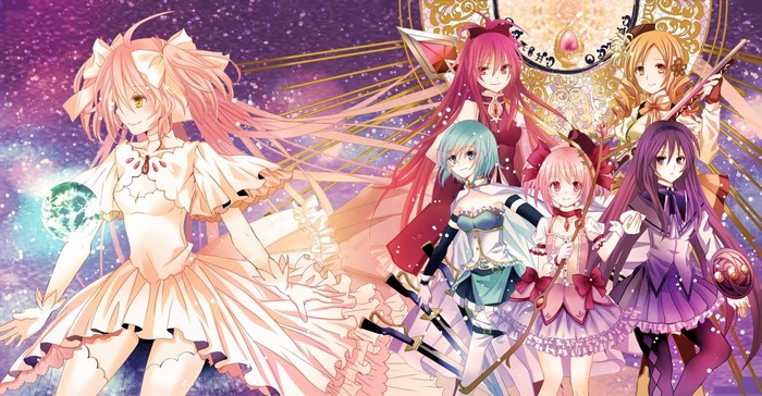 Mahou Shoujo Madoka Magica characters in a cosmic background
