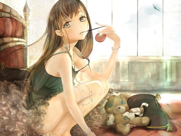 Anime girl with long hair and teddy bear