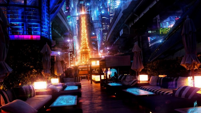 Futuristic city lounge with Eiffel Tower replica