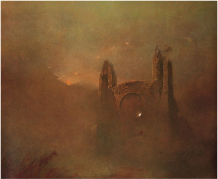 Ruined structure in a desolate, foggy landscape