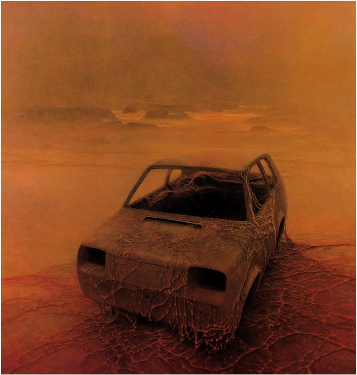Painting of a decaying car in a desolate landscape