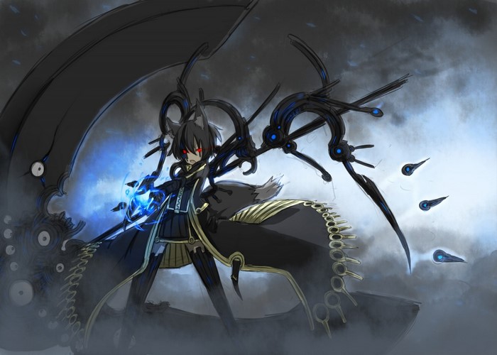 Anime fox girl with scythe and mechanical wings