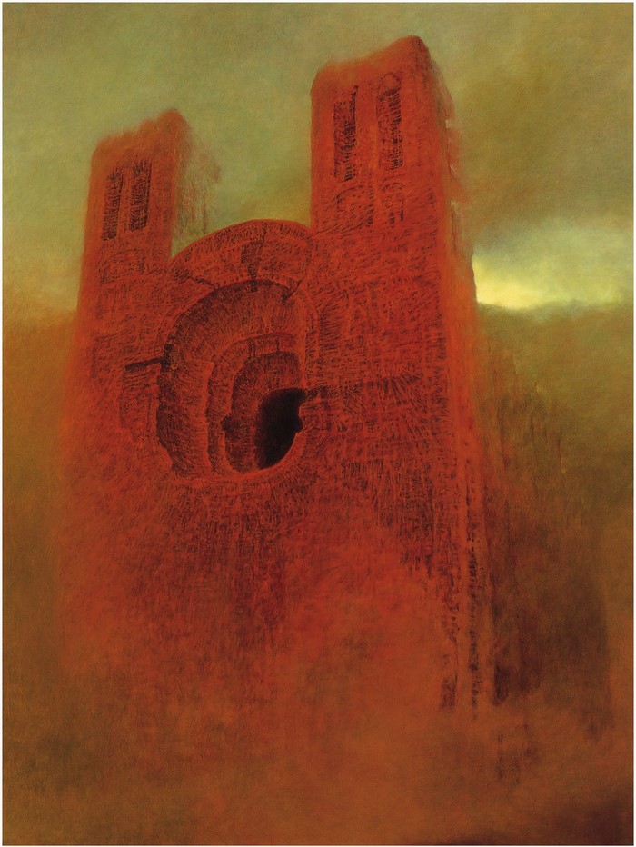 Painting of a red, crumbling structure with two towers