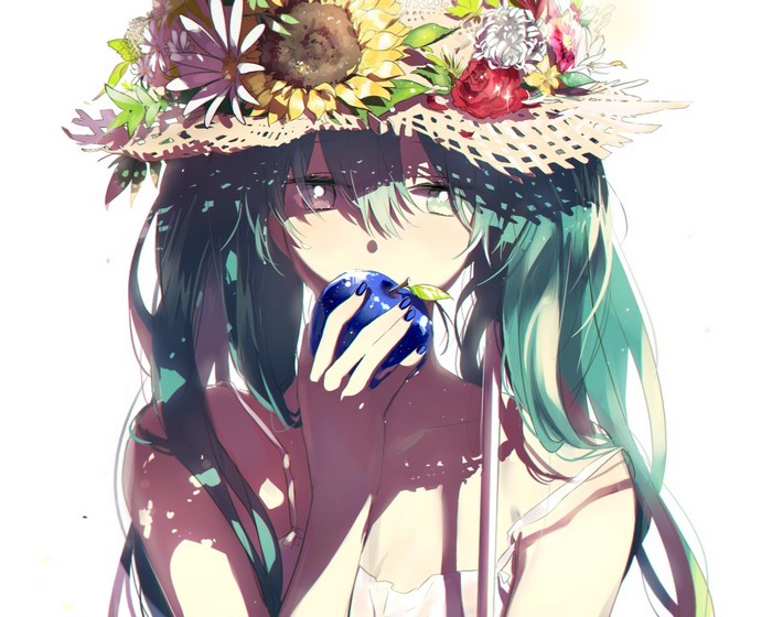 Hatsune Miku from Vocaloid holding a blue apple
