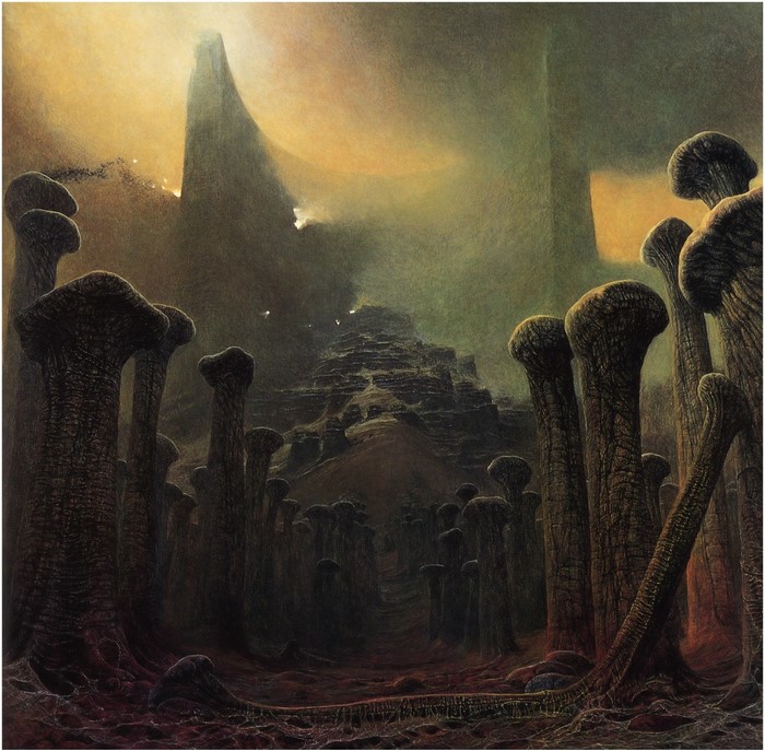 Surreal Landscape with Fungal Structures and Ruined City