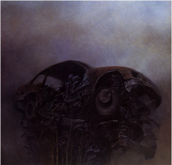 Painting of a skeletal figure in a wrecked car