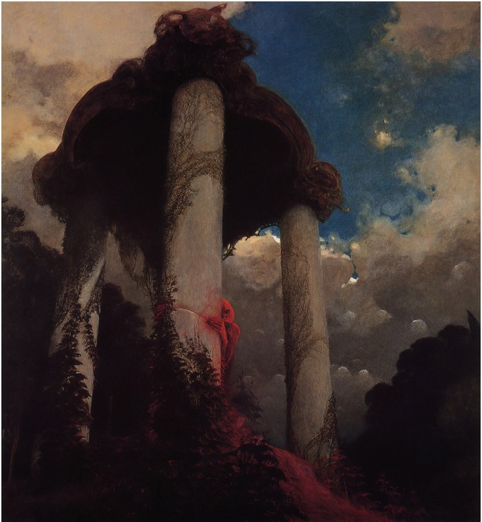 Painting of a dark, surreal landscape with columns and a red figure