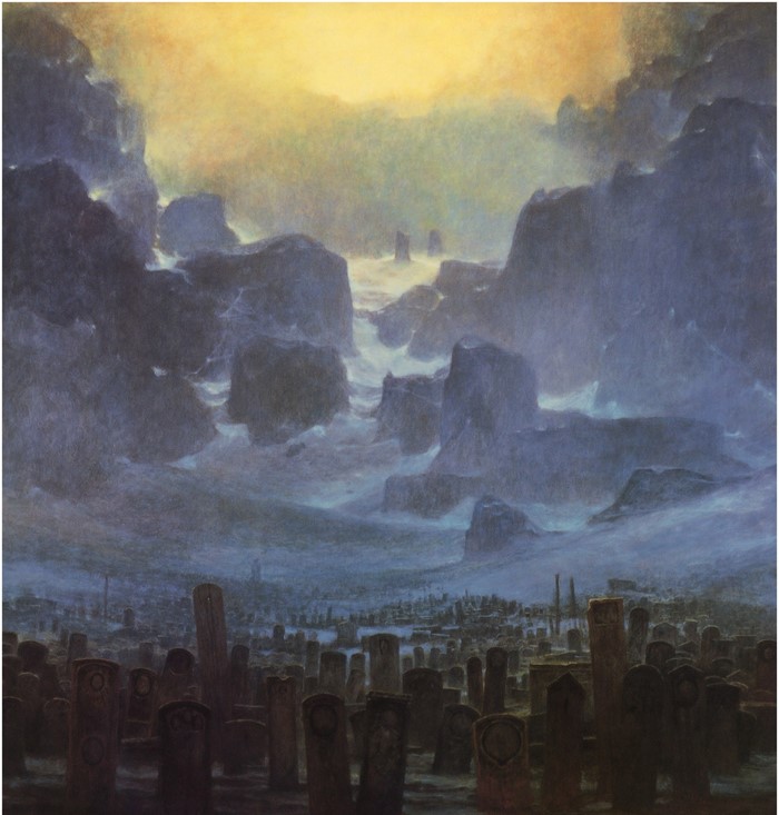 Painting of a graveyard with rocky landscape and yellow sky