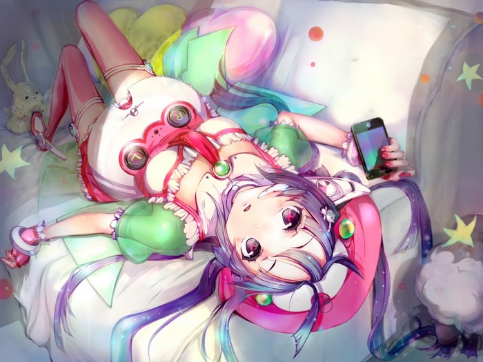 Tone Rion from Vocaloid lying on a bed with a phone