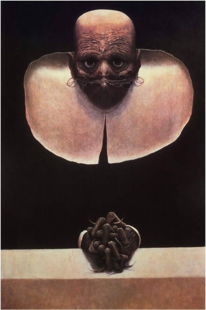 Painting of a grotesque figure with a large ruff and clasped hands