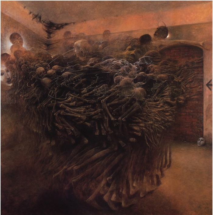 Painting of a pile of skeletons by Zdzisław Beksiński