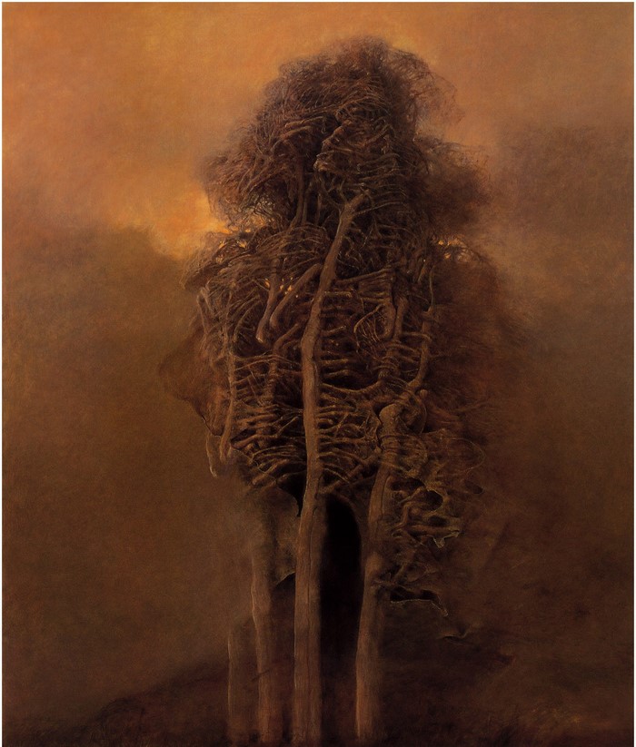 Painting of a skeletal, tree-like figure by Zdzis aw Beksi ski