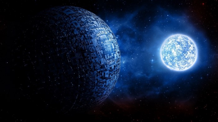 Artificial planet and blue star in deep space