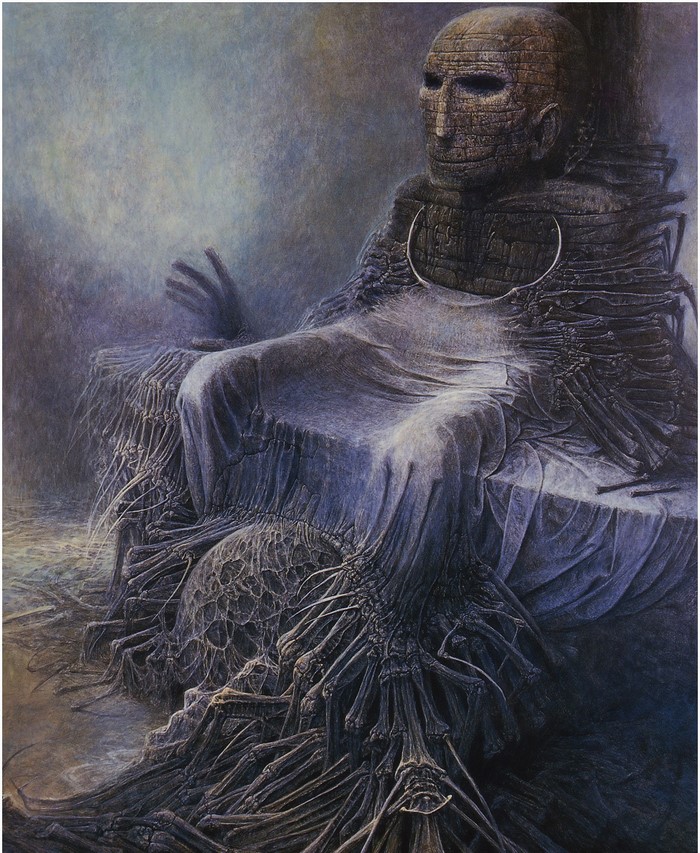 Figure seated on a throne, Zdzisław Beksiński painting