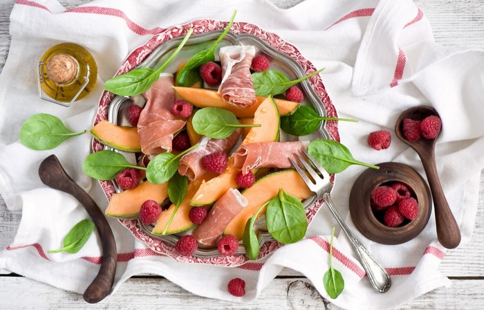 Cantaloupe and Prosciutto Salad with Raspberries
