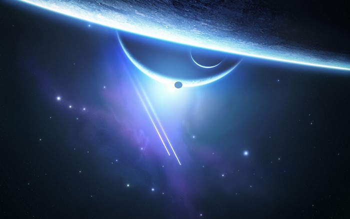 Space art with planets, moons, and stars