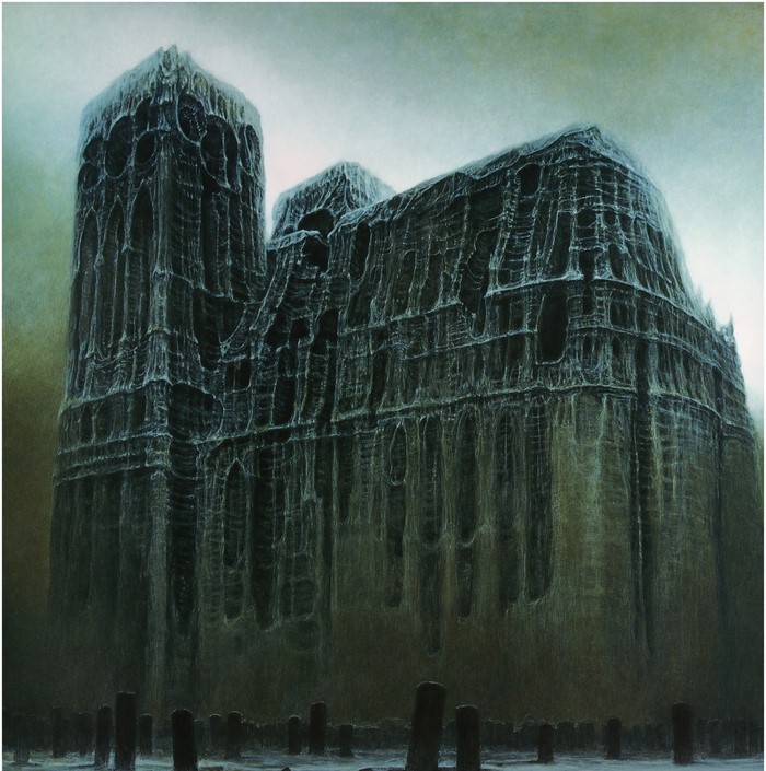 Gothic architecture in a desolate landscape